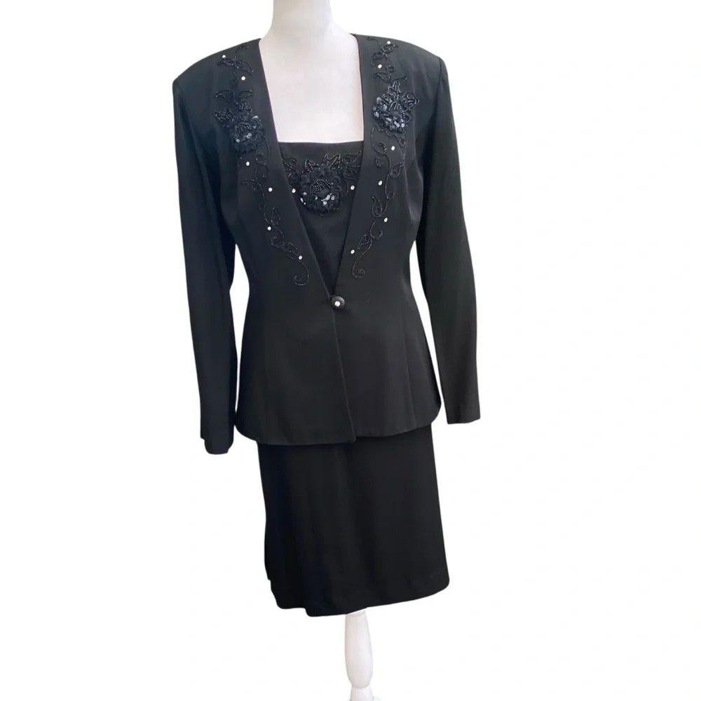 Karen Miller Vintage Black Midi Pencil 3 Pc Skirt Set Beaded Embroidered Goth 12